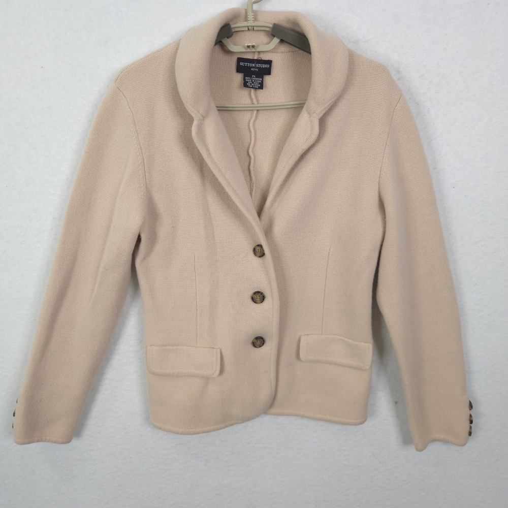 Sutton Studio Cashmere Blazer Cardigan Women PS Beige Button Up Shawl Neck*
